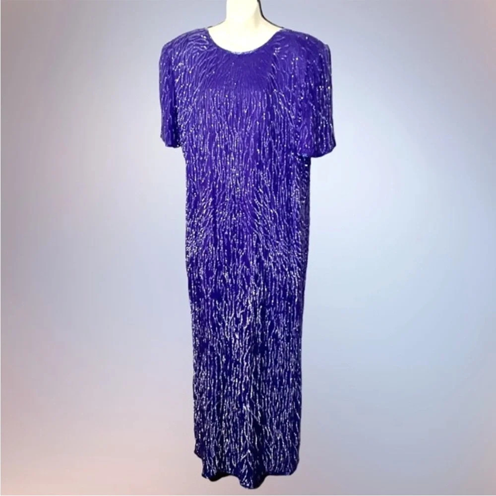Vintage LAURENCE KAZAR Silk Maxi Dress Purple Sz Large Sequin Floor Length Gown